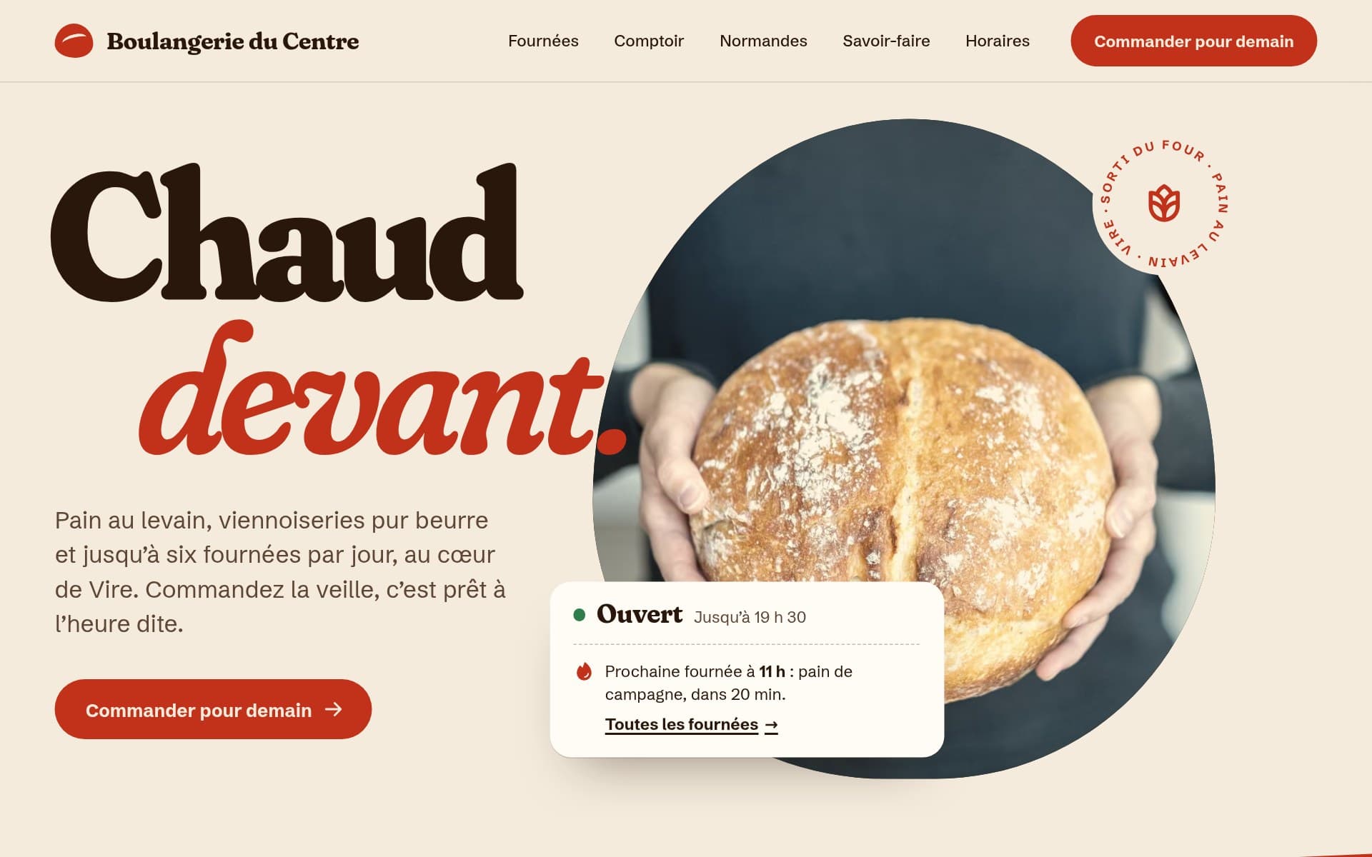 Site refait : titre lisible, ouverture et fournées du jour, bouton de commande et grande photo