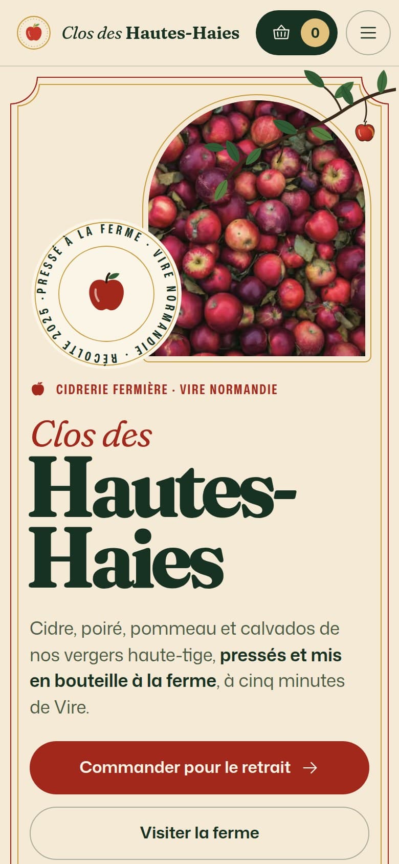 Page d'accueil du site proposé, sur téléphone