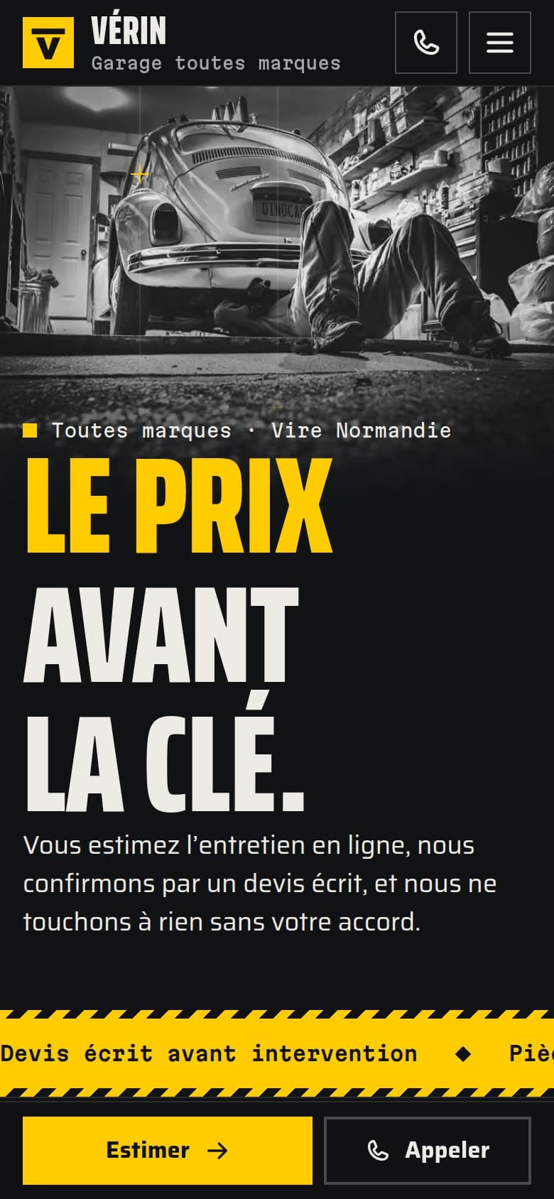 Page d'accueil du site proposé, sur téléphone