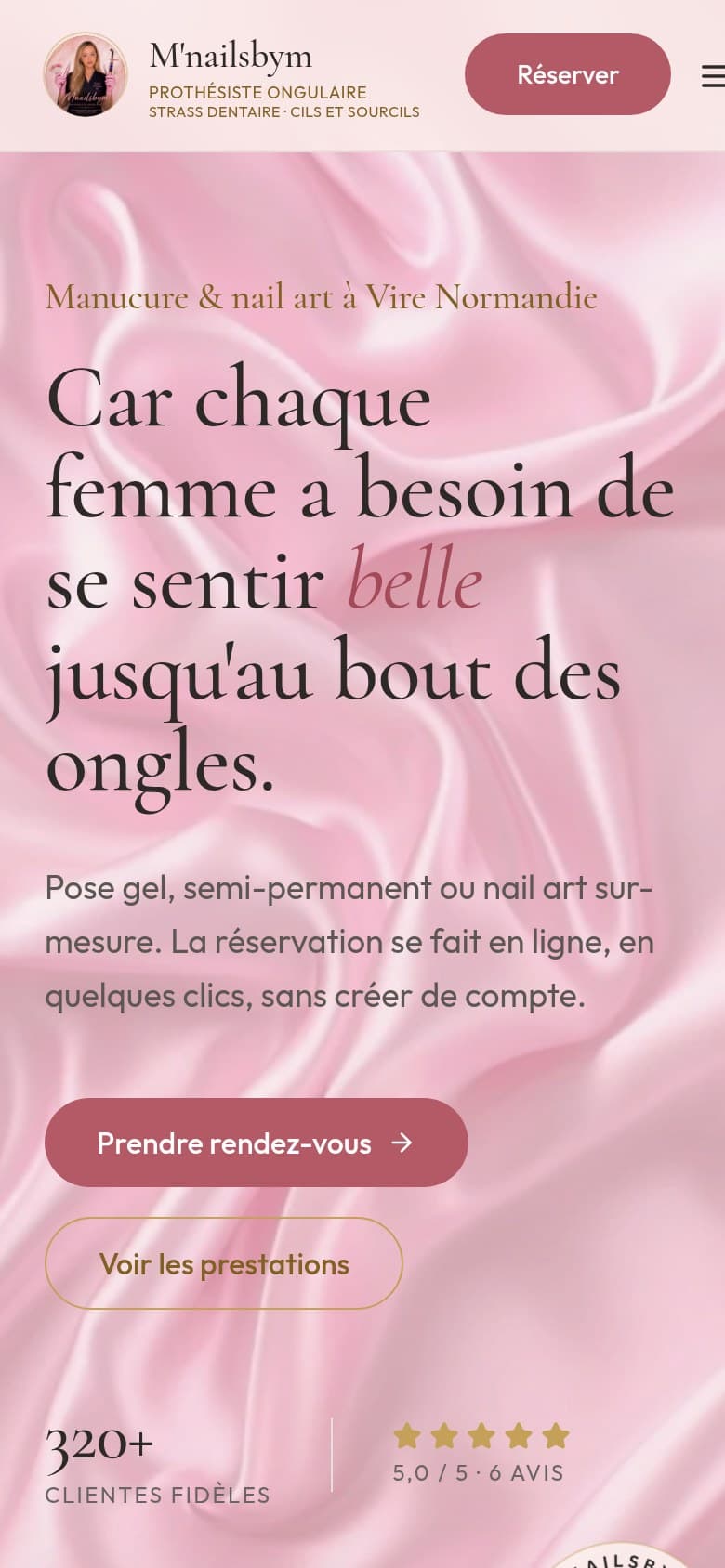 Page d'accueil du site M'nailsbym, sur téléphone