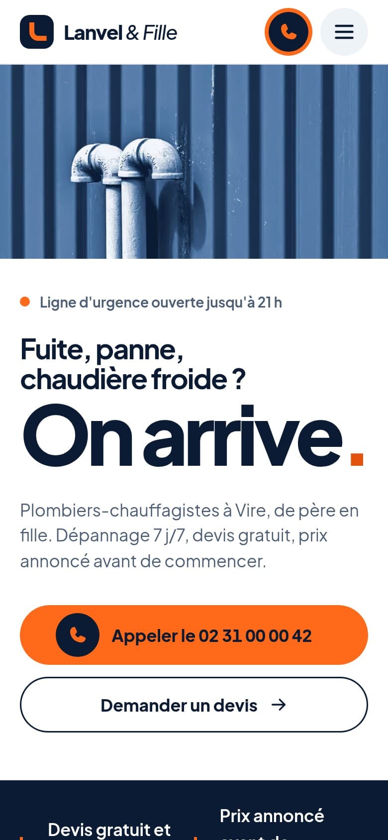 Page d'accueil du site proposé, sur téléphone