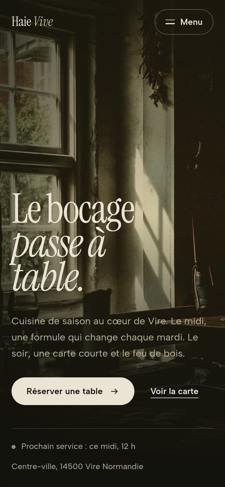 Page d'accueil du site proposé, sur téléphone