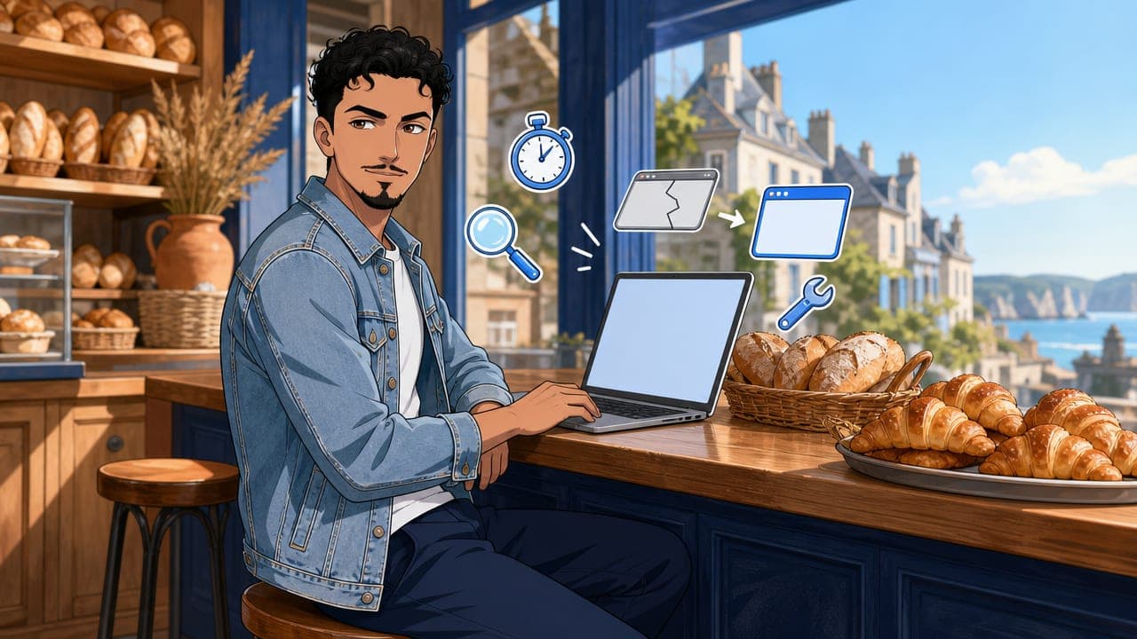 Amine, en veste en jean, assis au comptoir d'une boulangerie devant un ordinateur portable, entouré d'un chronomètre, d'une loupe, d'une clé et d'une vieille fenêtre de navigateur remplacée par une neuve.