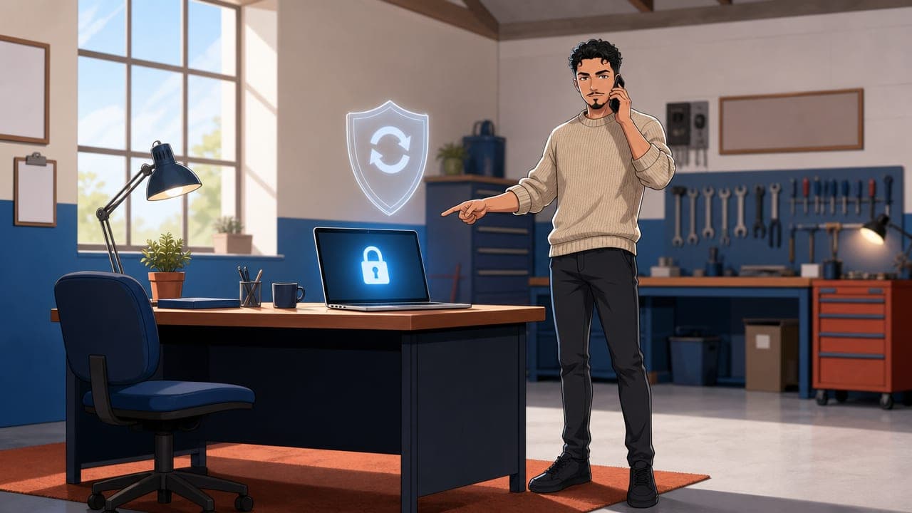 Amine, en pull de laine beige, au téléphone dans le bureau d'un garage, montre un ordinateur portable affichant un cadenas, sous un bouclier lumineux.