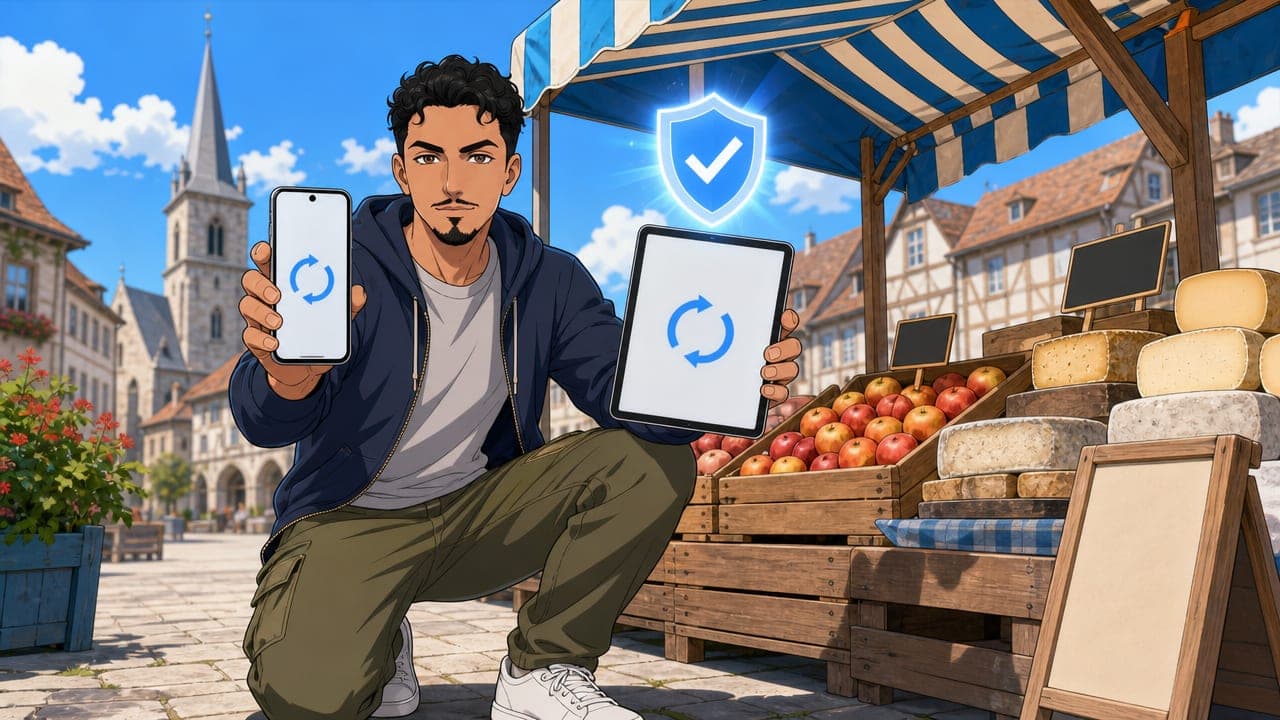 Amine, en sweat à capuche marine, accroupi près d'un étal de marché normand, montre un téléphone et une tablette affichant une flèche de mise à jour, sous un bouclier validé.