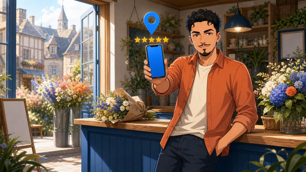Amine, en surchemise terre cuite, accoudé au comptoir d'une boutique de fleurs, tend un téléphone vers le lecteur ; au-dessus flottent une épingle de carte et cinq étoiles d'avis.