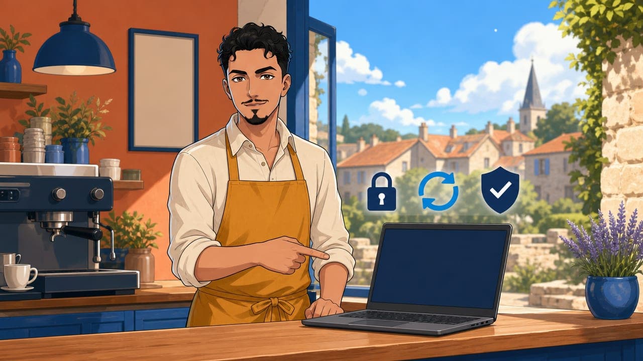Amine, en chemise de lin crème et tablier jaune moutarde, derrière le comptoir d'un café de village, désigne un ordinateur portable ; à côté flottent un cadenas, une flèche de mise à jour et un bouclier validé.