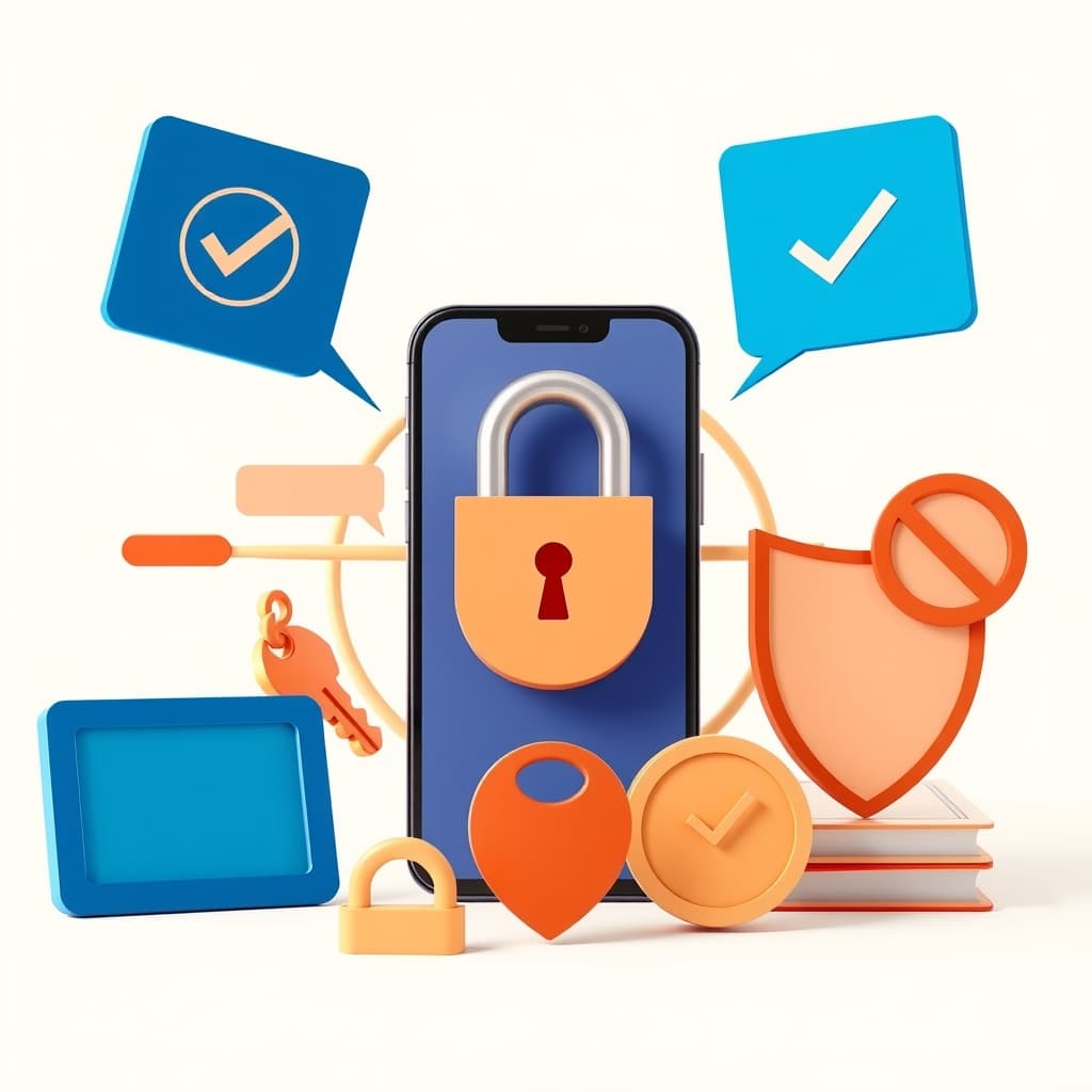 Un téléphone entouré d'un cadenas, d'une clé et d'un bouclier validé.